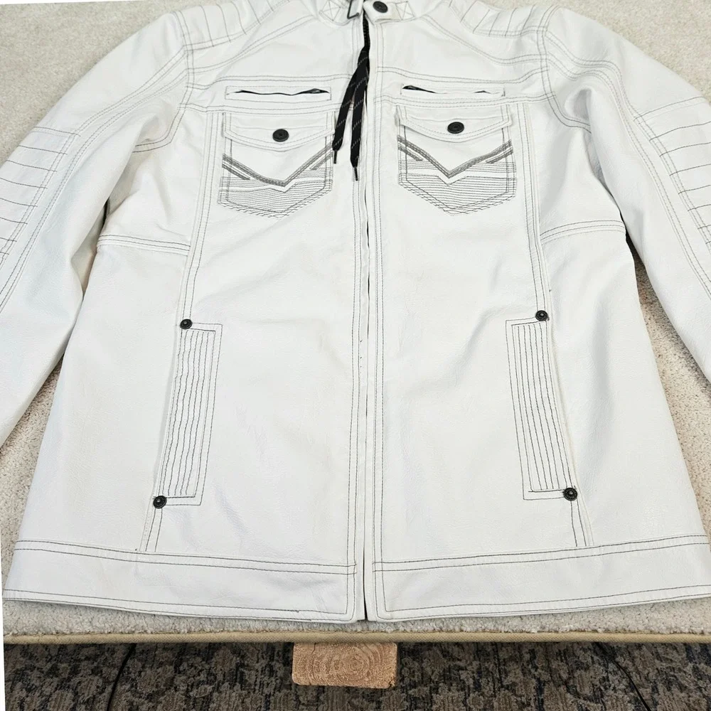 Buckle Black Mens White Faux Leather Full Zip Y2K Hoodie Jacket Combo Sz‎ L Edgy